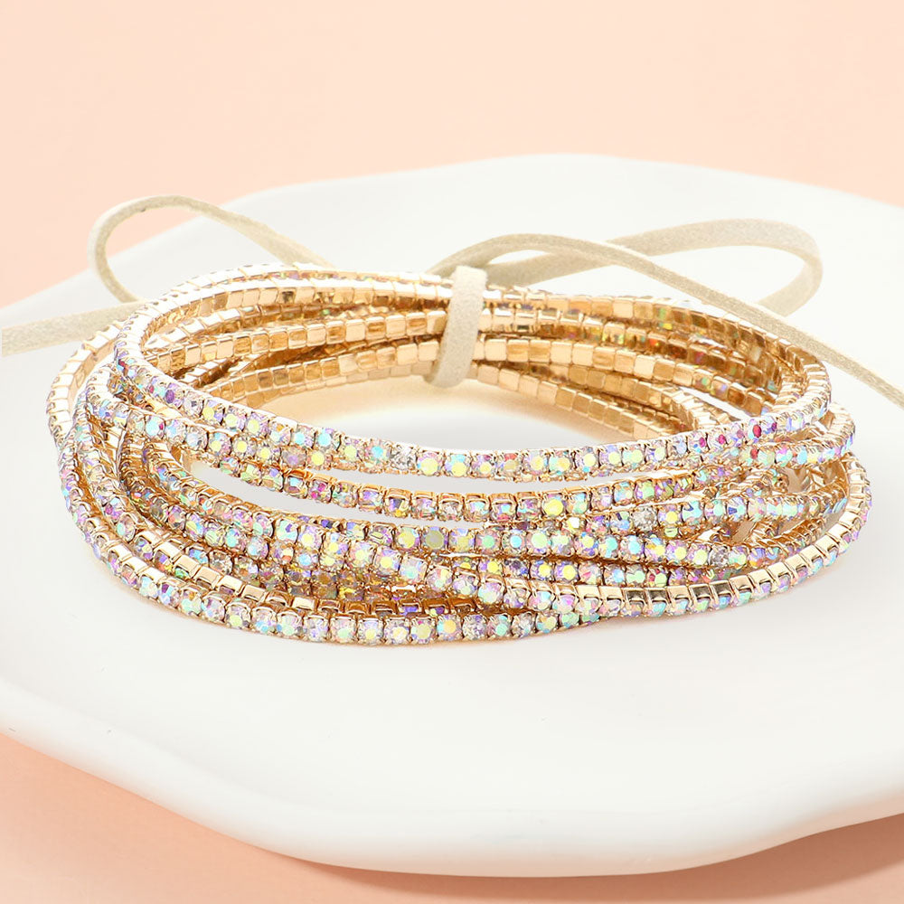 12PCS Ribbon Colorful Rhinestone Layered Stretch Bracelets