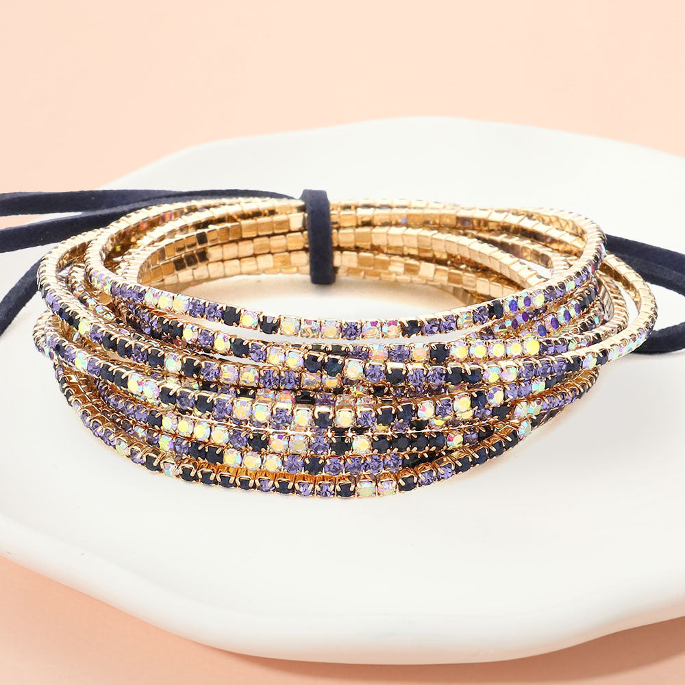 12PCS Ribbon Colorful Rhinestone Layered Stretch Bracelets