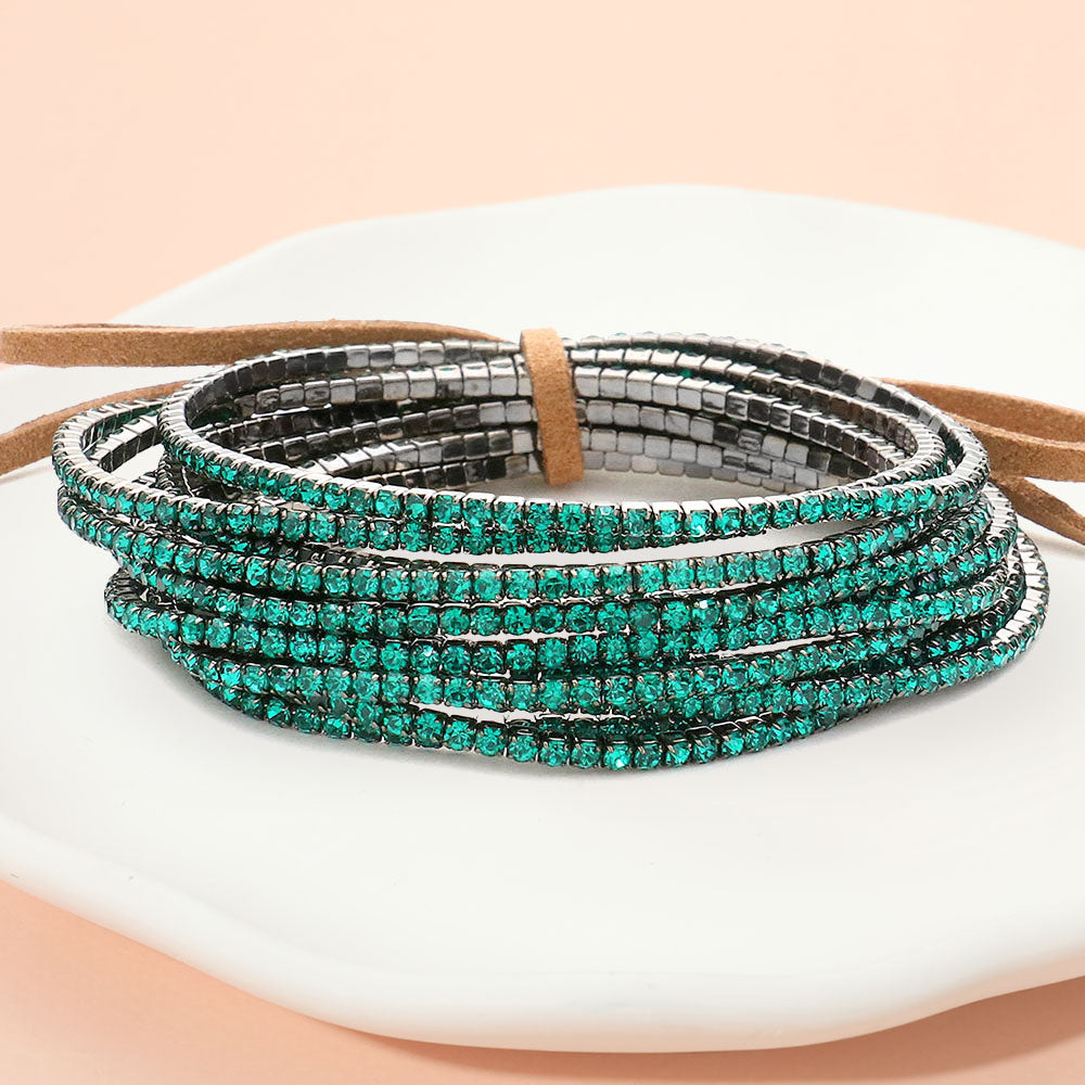 12PCS Ribbon Colorful Rhinestone Layered Stretch Bracelets