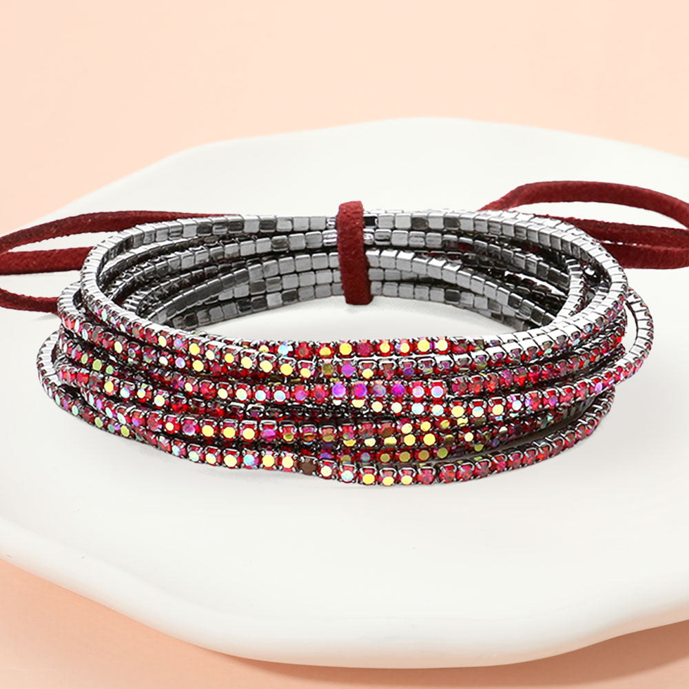 12PCS Ribbon Colorful Rhinestone Layered Stretch Bracelets