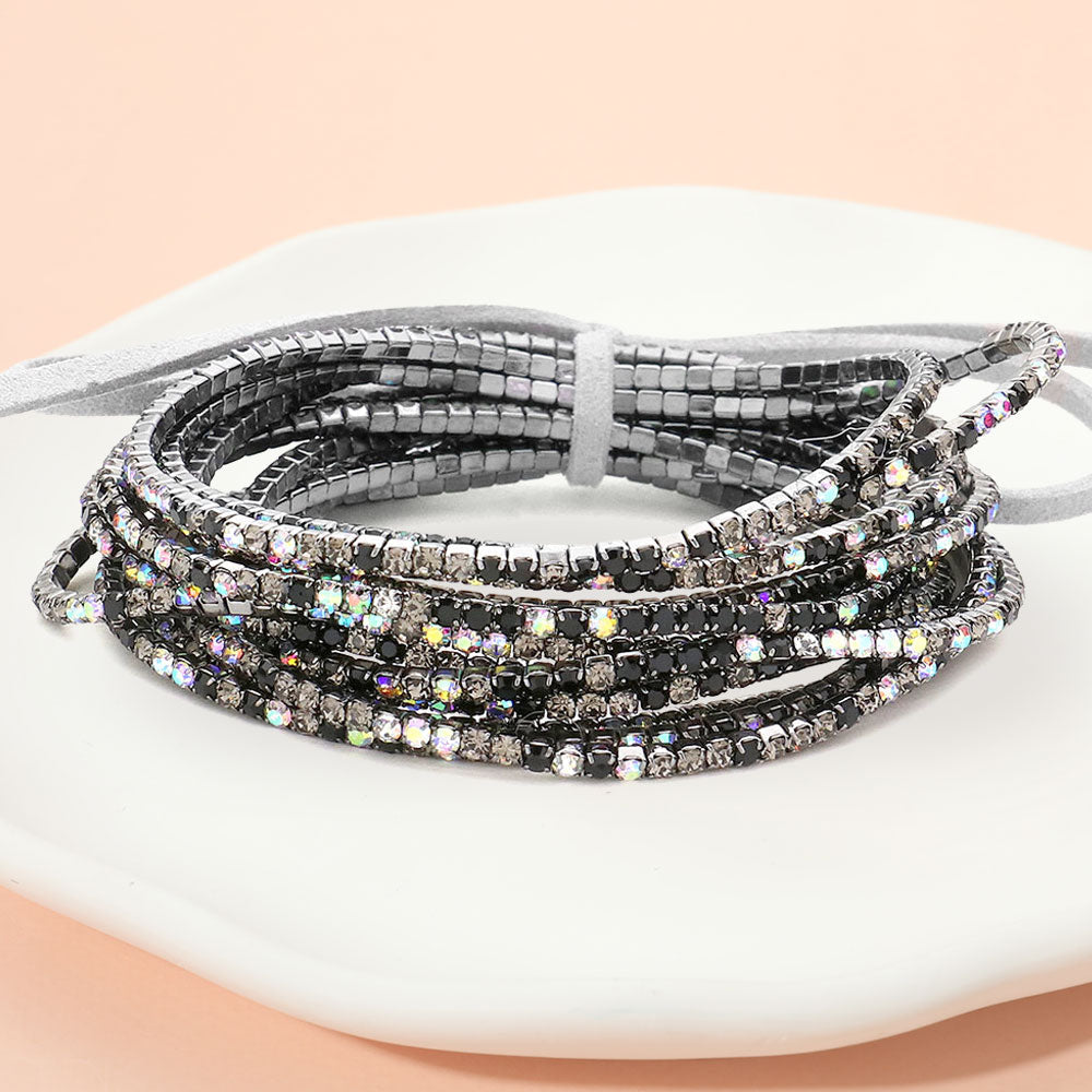 12PCS Ribbon Colorful Rhinestone Layered Stretch Bracelets