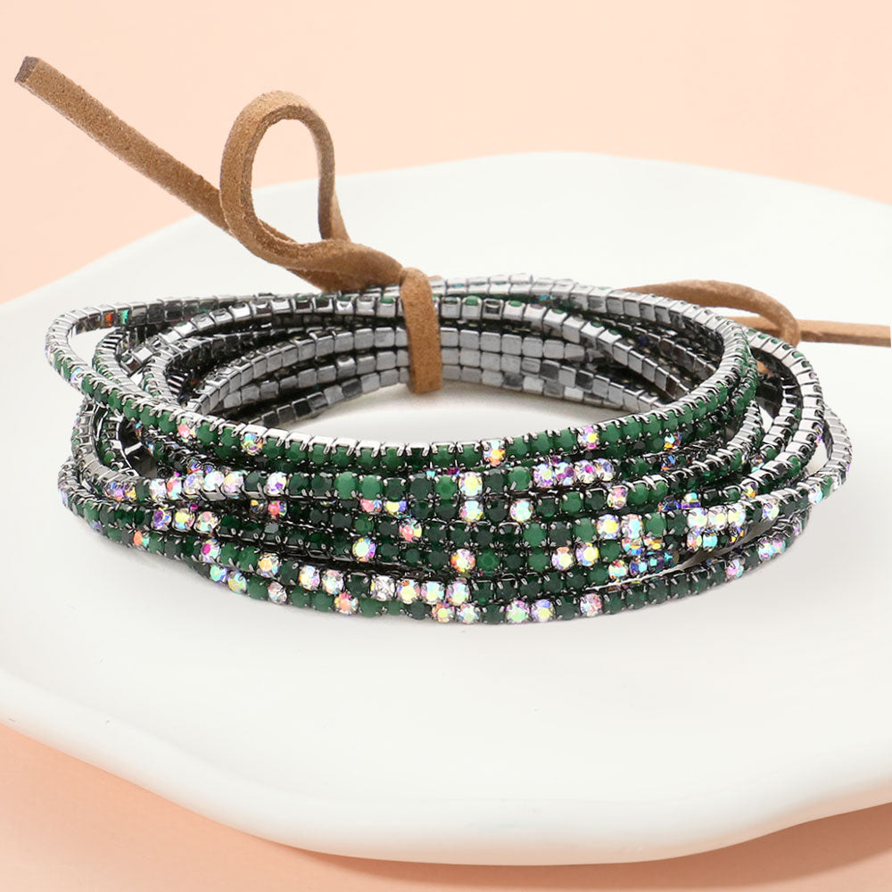 12PCS Ribbon Colorful Rhinestone Layered Stretch Bracelets