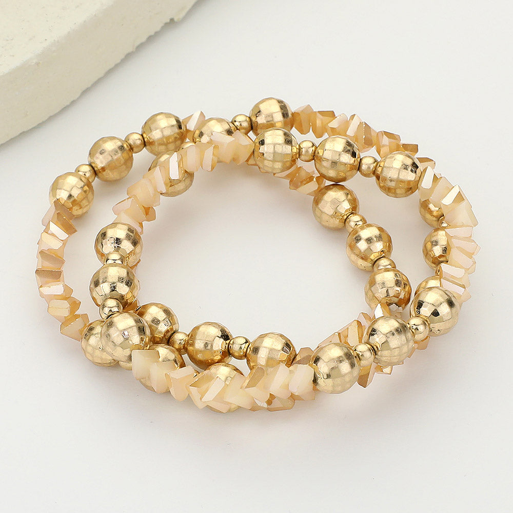 3PCS - Metal Ball Faceted Beaded Stretch Multi Layered Bracelets