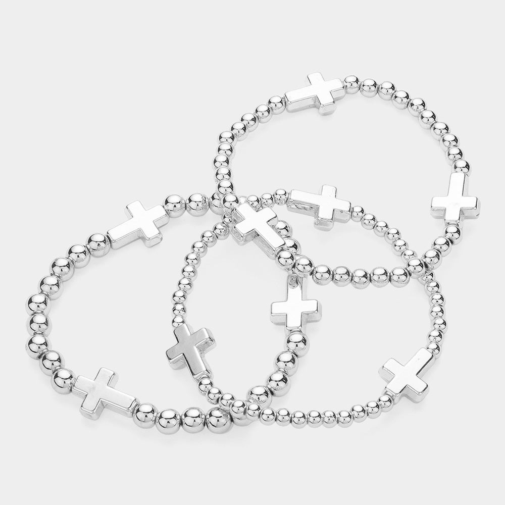 Metal Cross Pointed Ball Beaded Stretch Multi Layered Bracelets