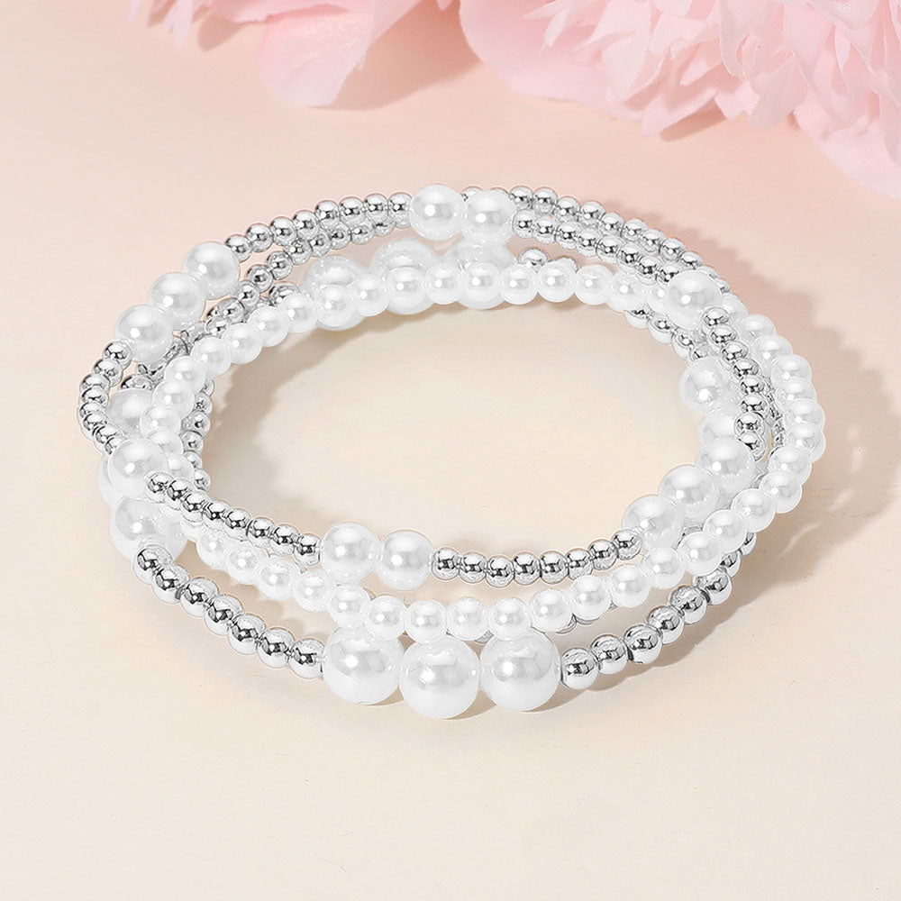 4PCS - Pearl Metal Ball Beaded Stretch Multi Layered Bracelets