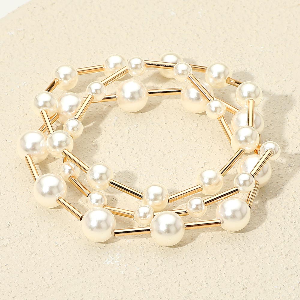 3PCS - Pearl Metal Bar Beaded Stretch Multi Layered Bracelets