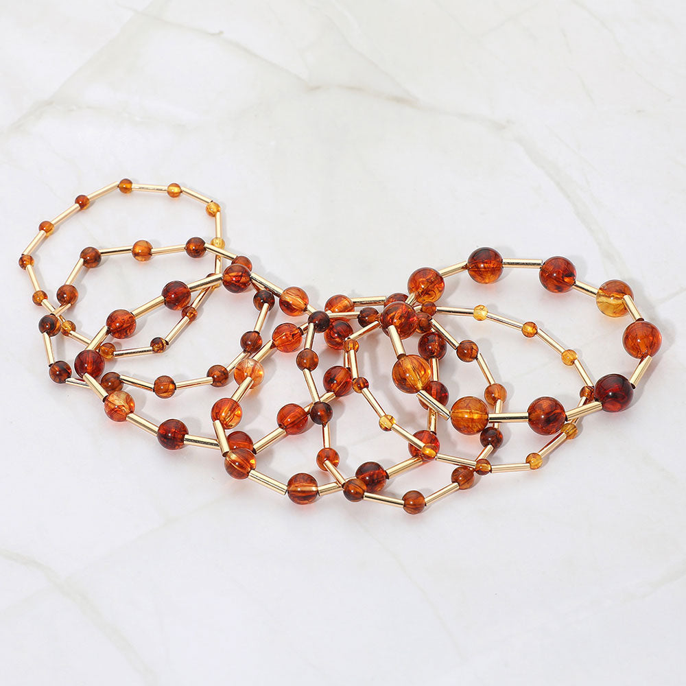 7PCS - Resin Ball Metal Bar Beaded Stretch Multi Layered Bracelets