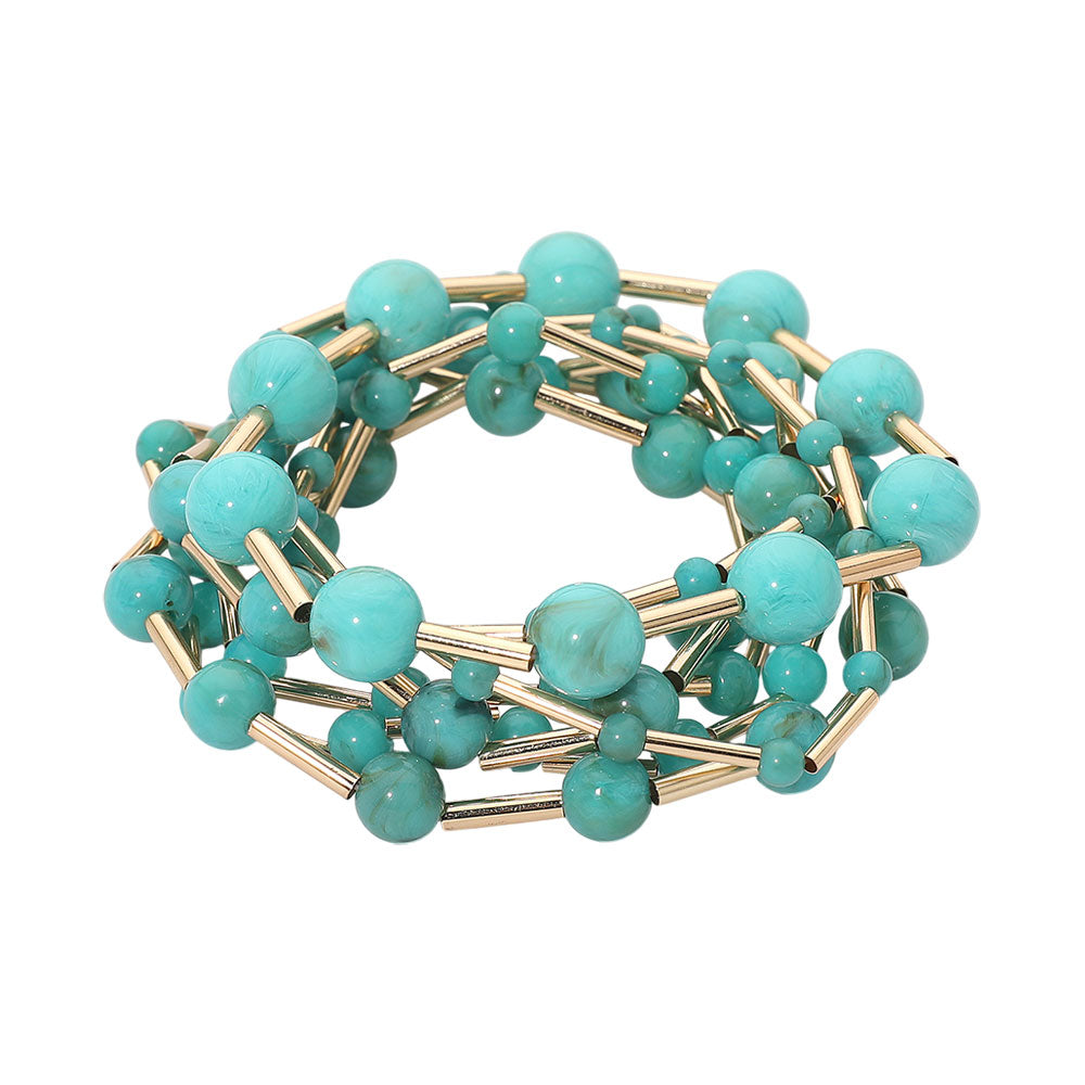 7PCS - Resin Ball Metal Bar Beaded Stretch Multi Layered Bracelets