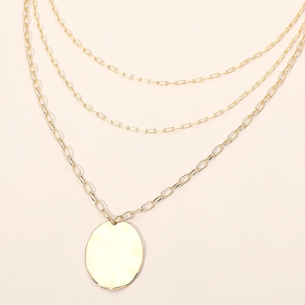 Metal Oval Disc Pendant Triple Layered Chain Necklace