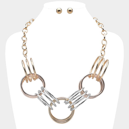 Abstract Triple Metal Wire Ring Link Statement Necklace