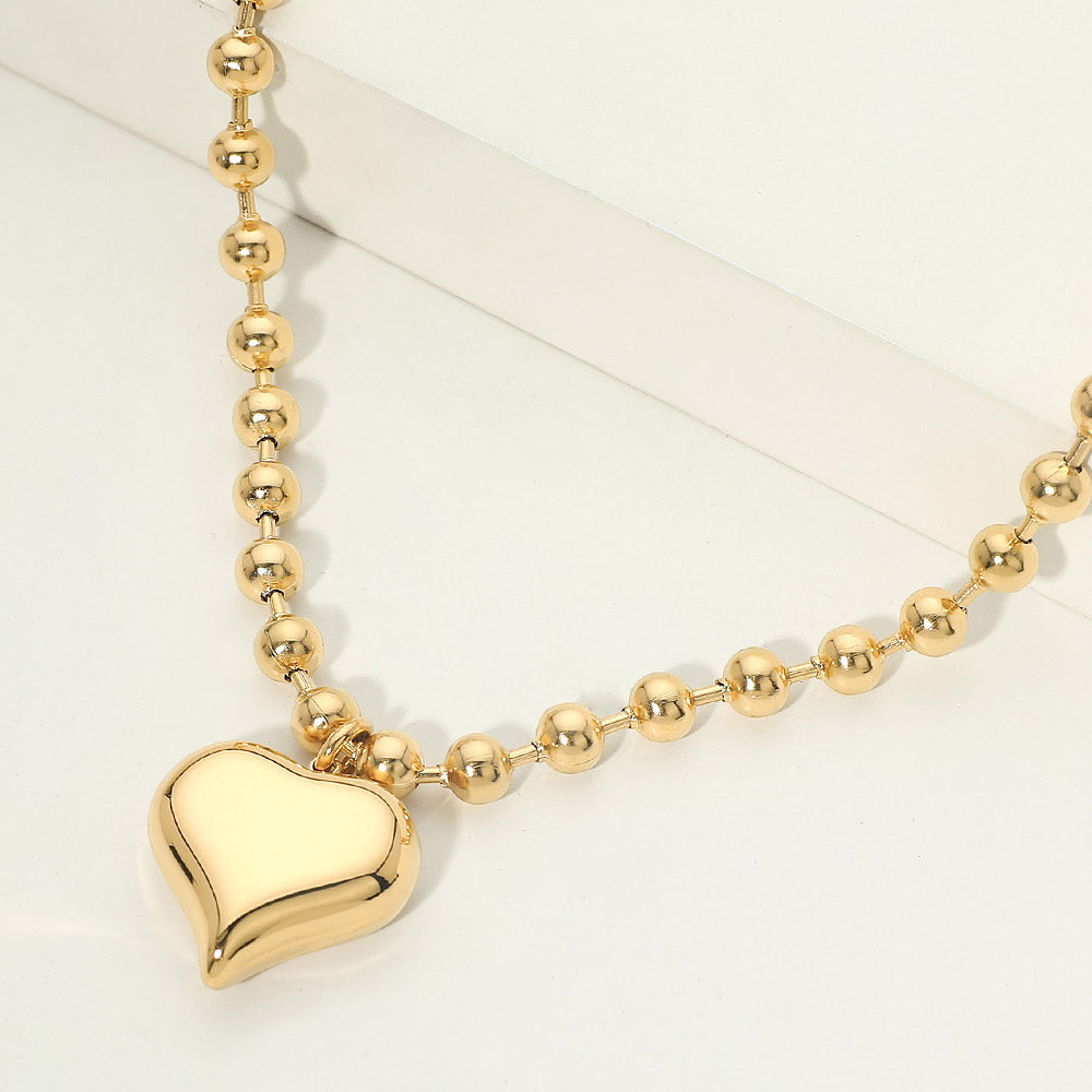 Stainless Steel Heart Charm Beaded Chain Necklace