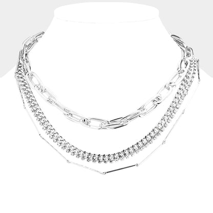 Layered Rhinestone Metal Chain Link Necklace