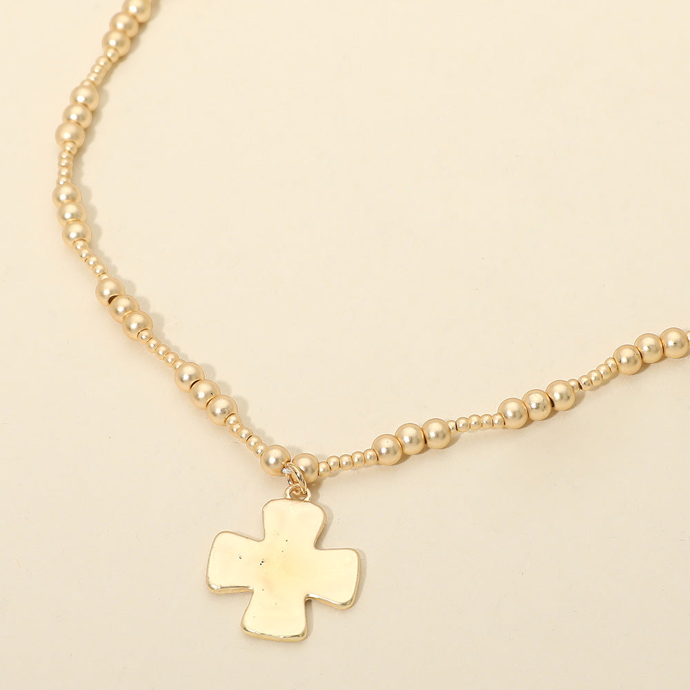Brushed Hammered Metal Cross Pendant Beaded Chain Necklace