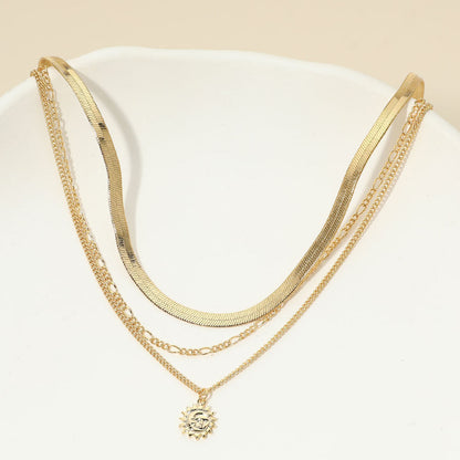 18K Gold Dipped Zodiac Moon Sunburst Coin Pendant Accent Herringbone Chain Layered Necklace