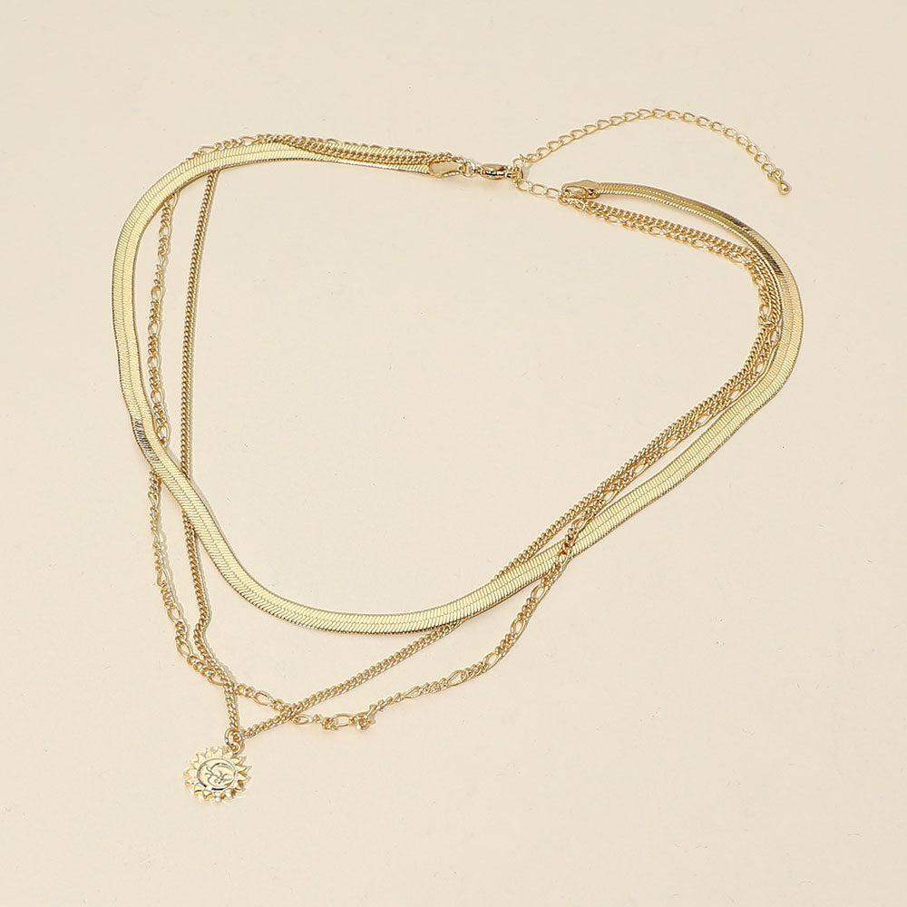 18K Gold Dipped Zodiac Moon Sunburst Coin Pendant Accent Herringbone Chain Layered Necklace