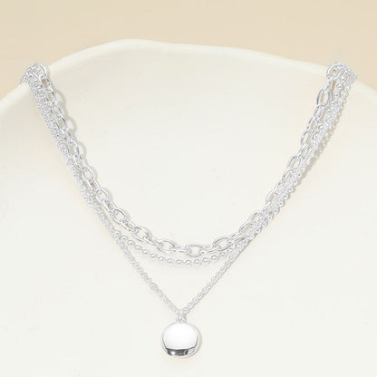 White Gold Dipped Polished Round Pendant Accent Mixed Chain Layered Necklace
