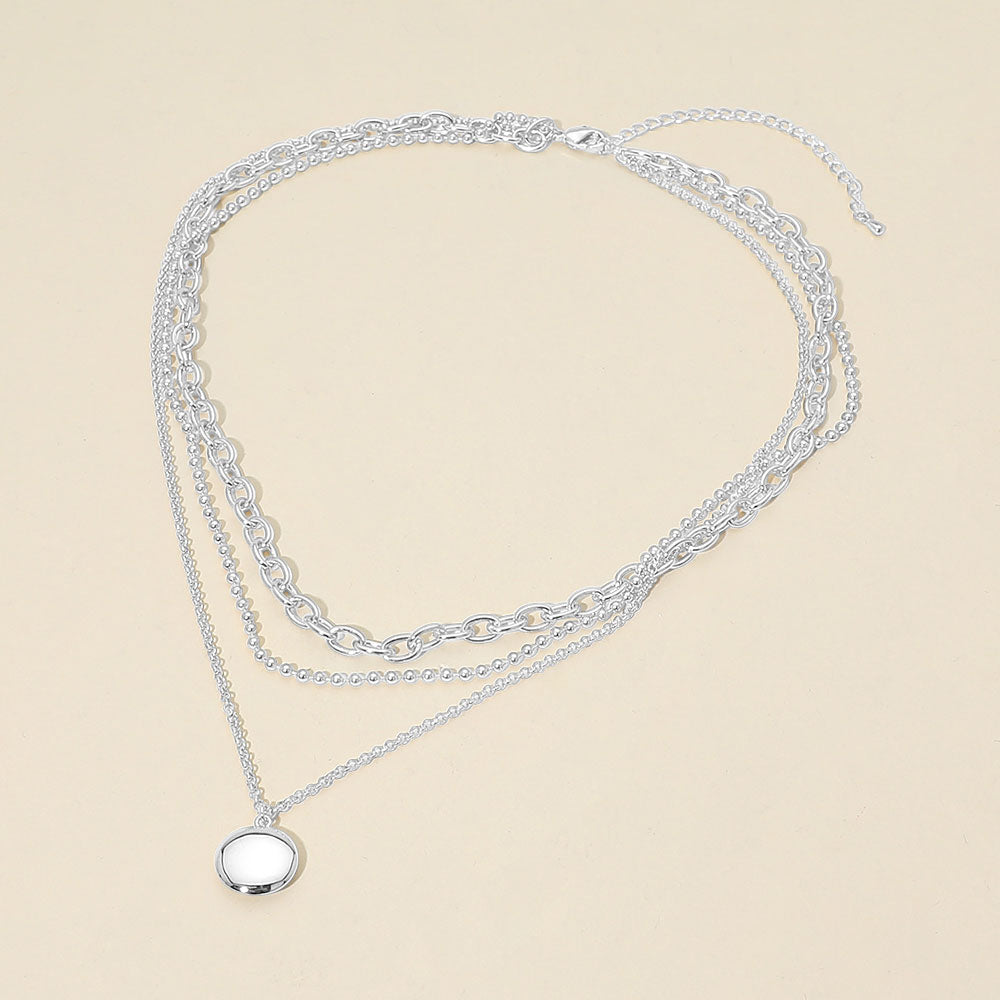 White Gold Dipped Polished Round Pendant Accent Mixed Chain Layered Necklace