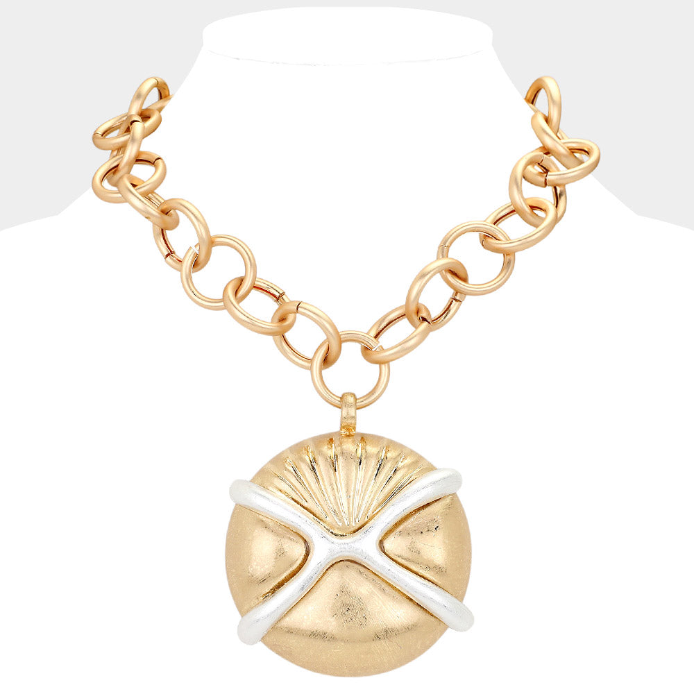 Oversized Matte Metal Sand Dollar Pendant Chunk Statement Necklace