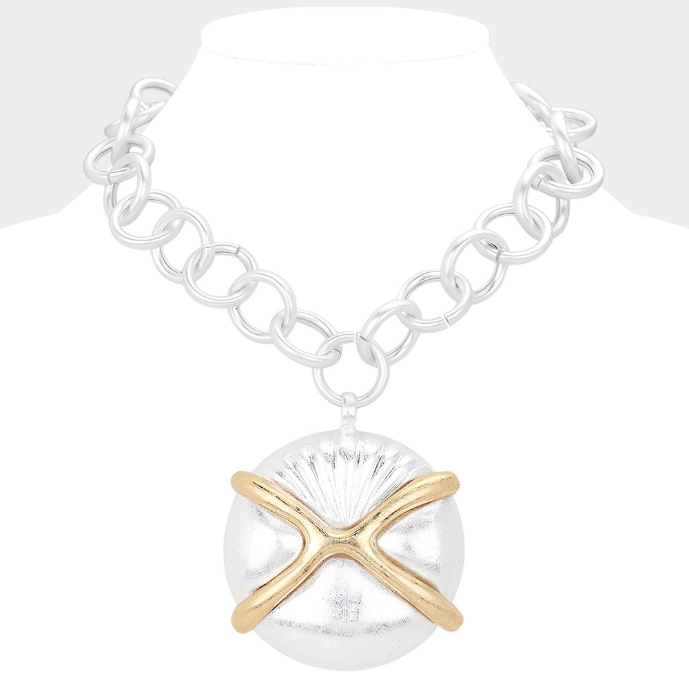 Oversized Matte Metal Sand Dollar Pendant Chunk Statement Necklace