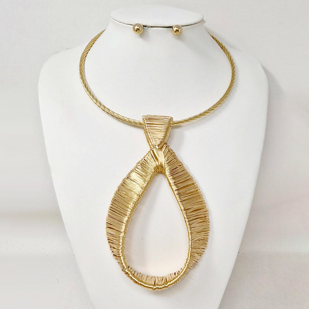 Bold Metal Wire Wrapped Teardrop Pendant Statement Necklace