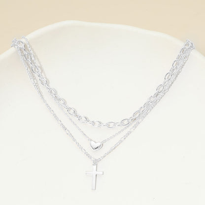 White Gold Dipped Cross Pendant Heart Charm Accent Mixed Chain Layered Necklace