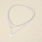 White Gold Dipped Cross Pendant Heart Charm Accent Mixed Chain Layered Necklace
