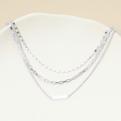 White Gold Dipped Bar Pendant Layered Mixed Chain Layered Necklace