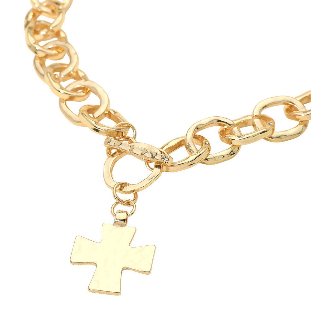 Cross Charm Chunky Chain Toggle Necklace