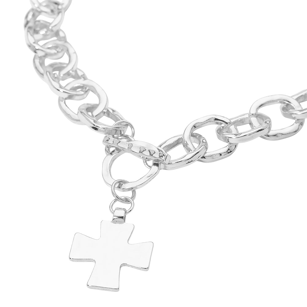 Cross Charm Chunky Chain Toggle Necklace