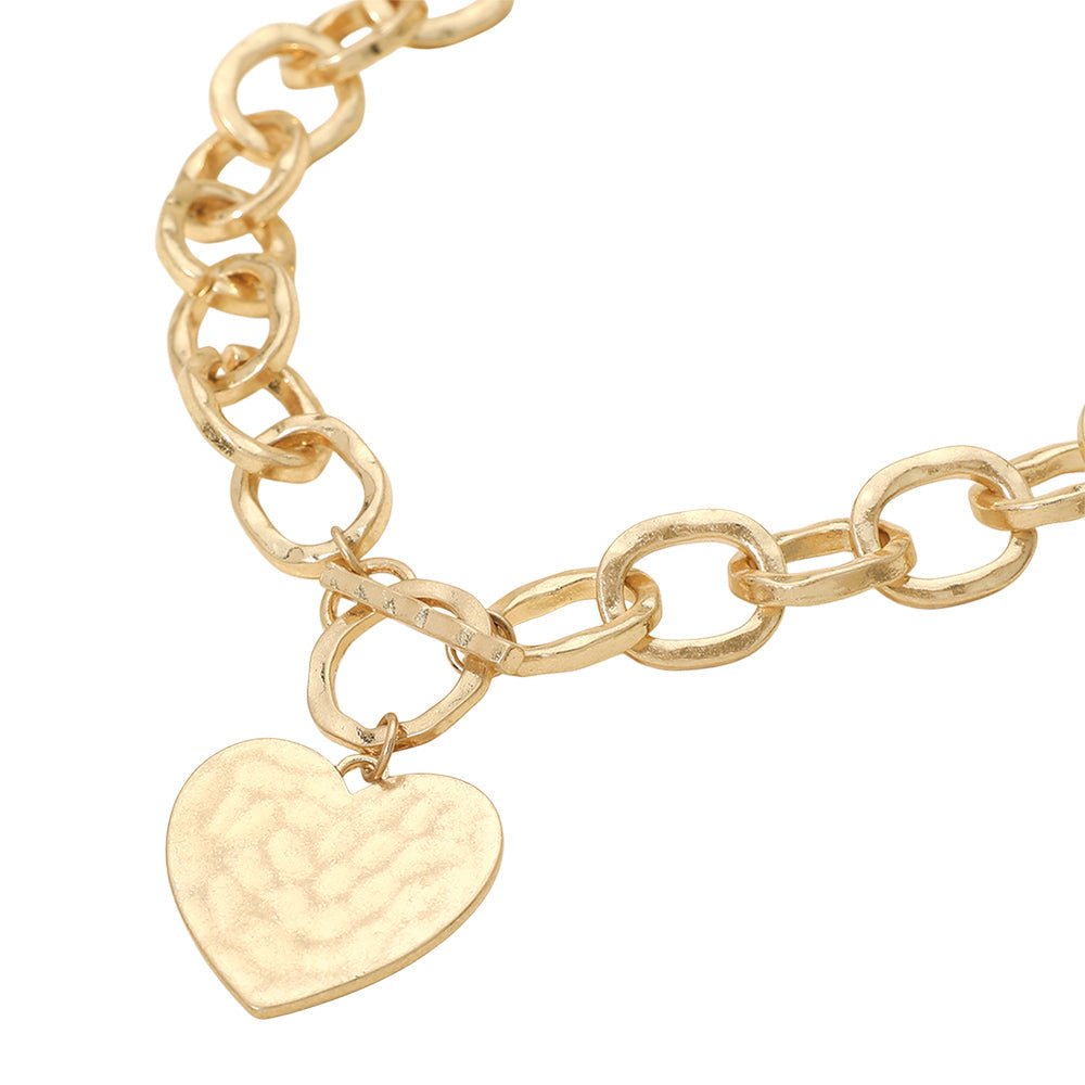 Hammered Metal Heart Charm Chunky Chain Toggle Necklace