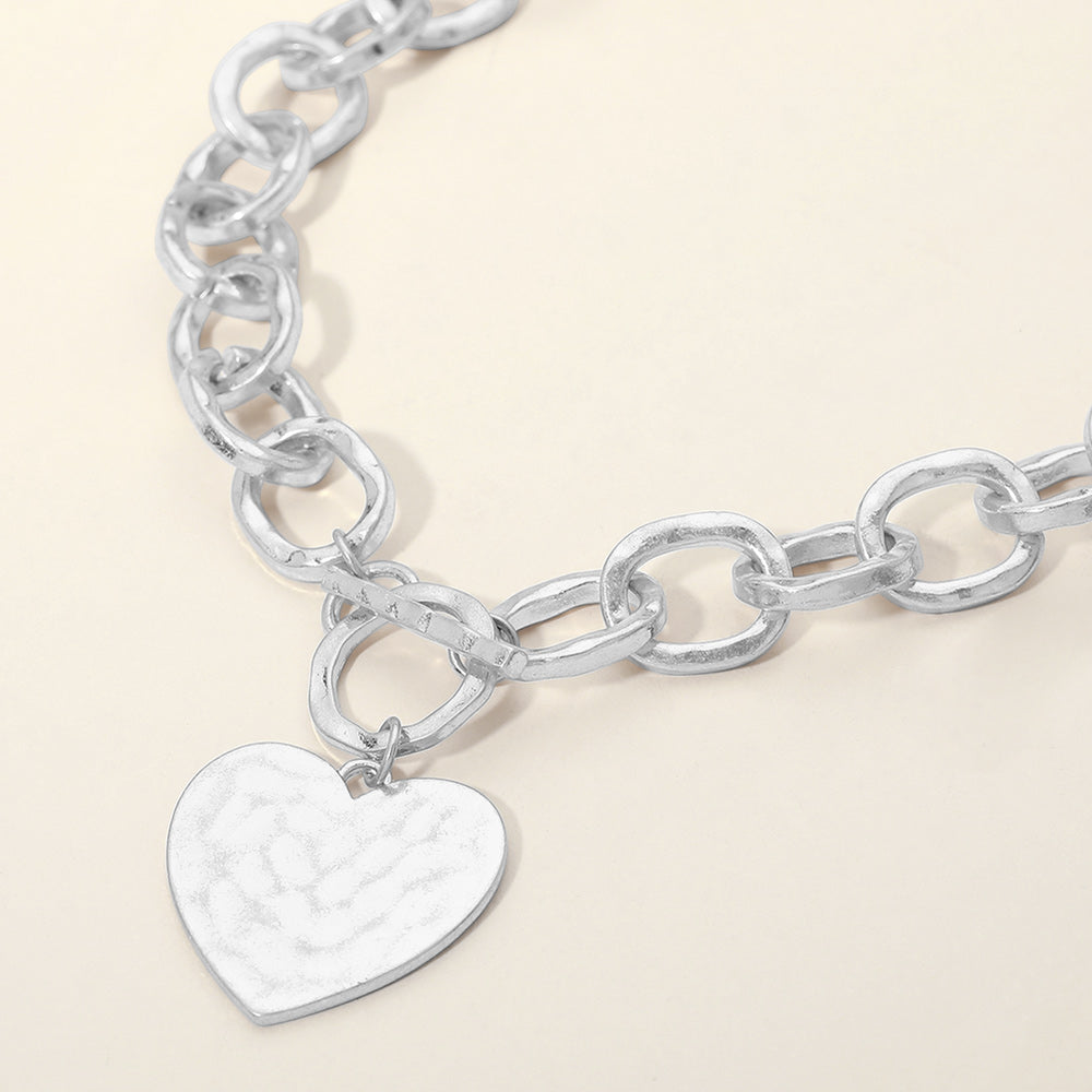 Hammered Metal Heart Charm Chunky Chain Toggle Necklace