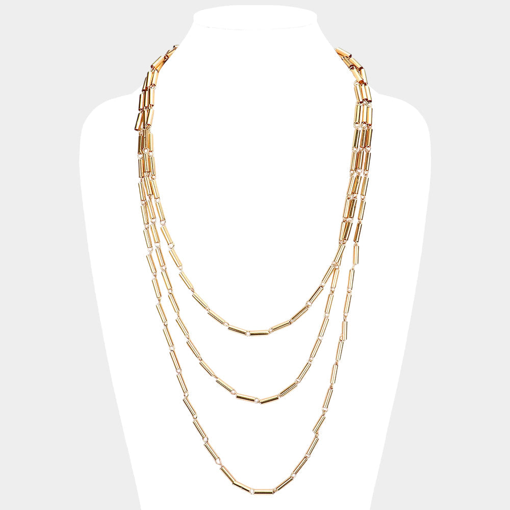 Metal Cylinder Triple Layered Bib Necklace