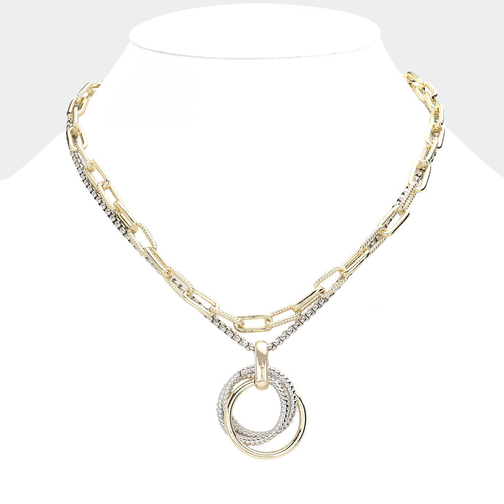 Triple Open Metal Circle Link Pendant Double Layered Toggle Necklace