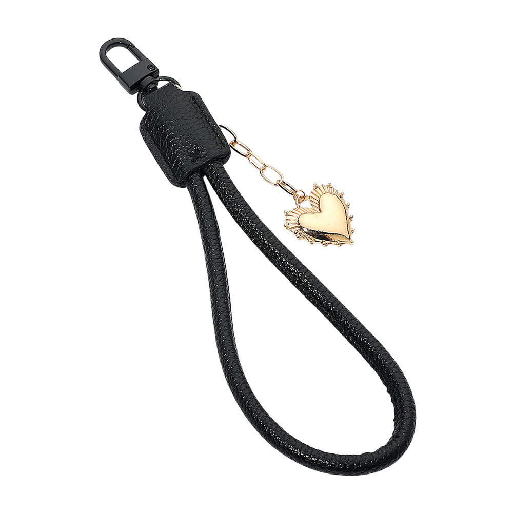 Heart Charm Drop Faux Leather Wristlet Keychain Bag Charm