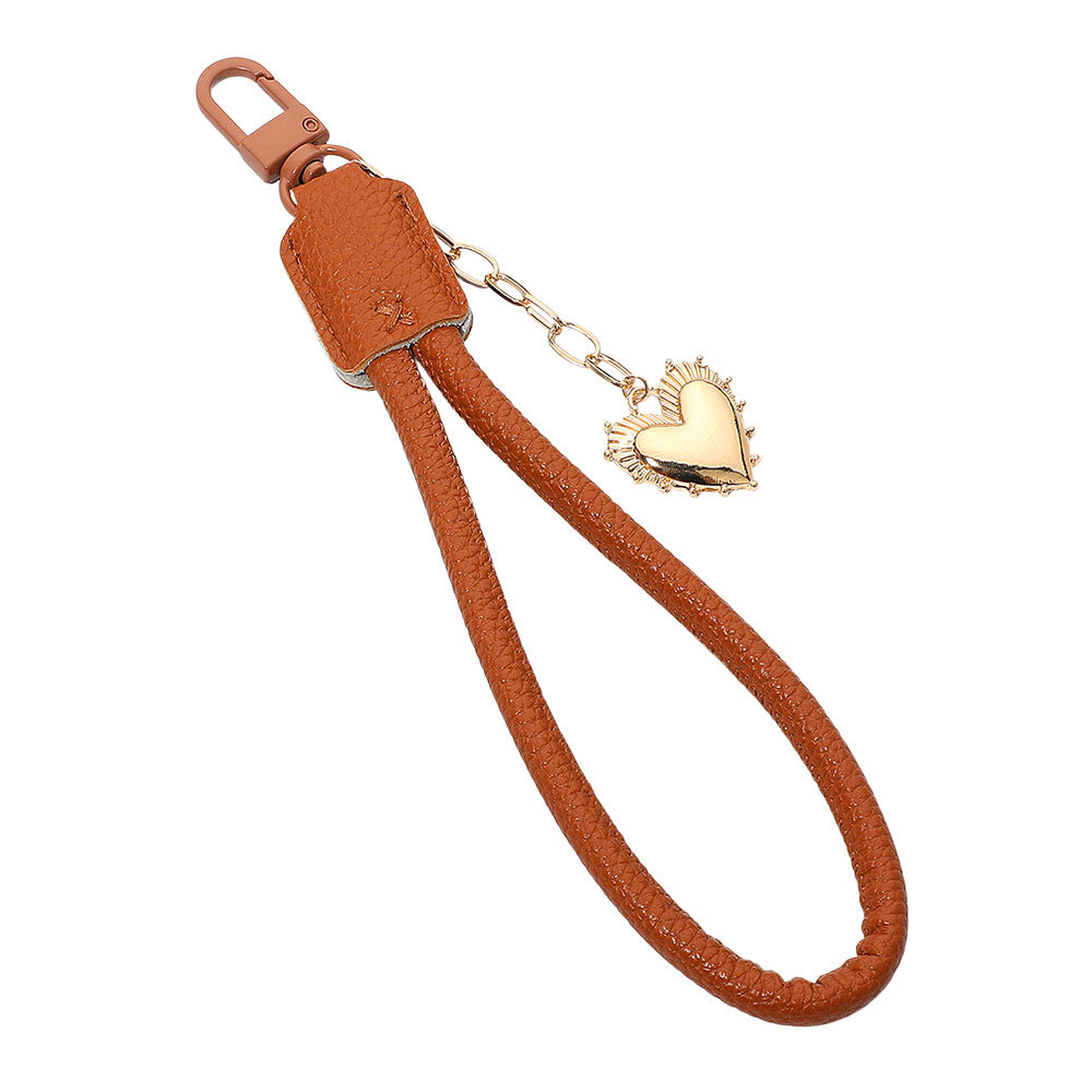 Heart Charm Drop Faux Leather Wristlet Keychain Bag Charm