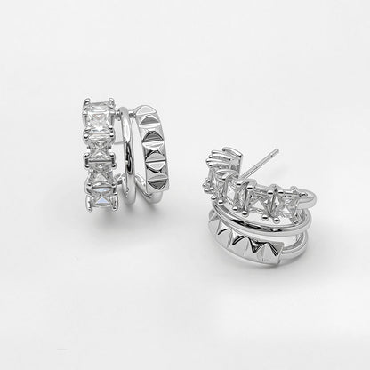 White Gold Dipped Geometric Clam CZ Hoop Earrings