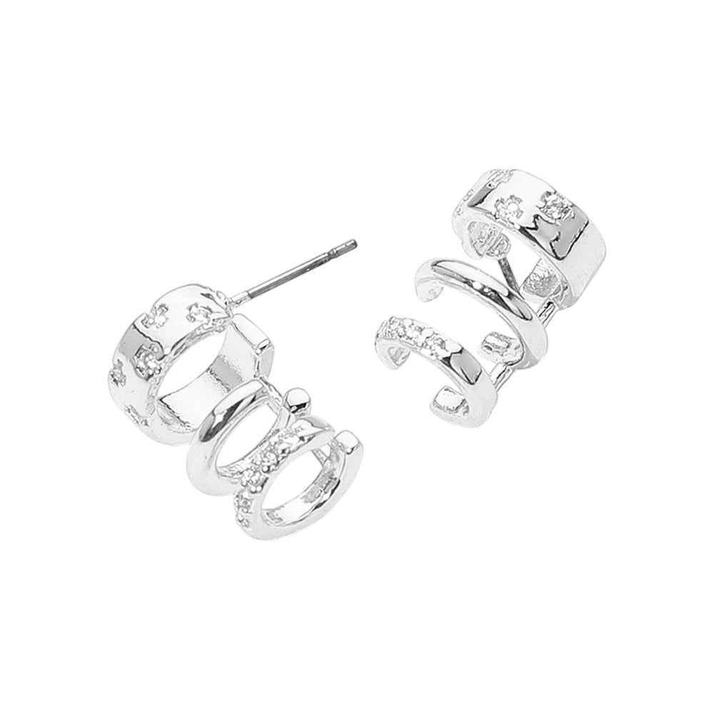 Stone Paved Triple Hoop Cuff Earrings