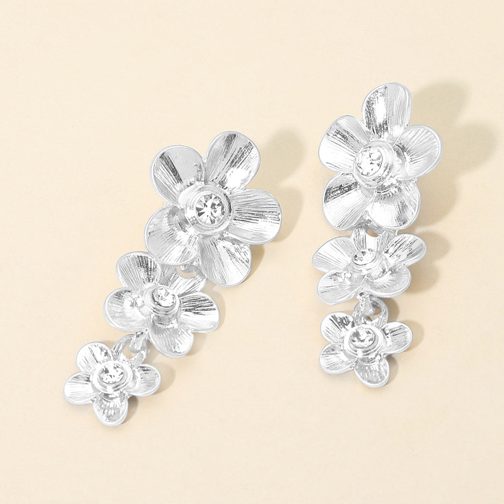 Stone Accent Triple Floral Link Drop Earrings