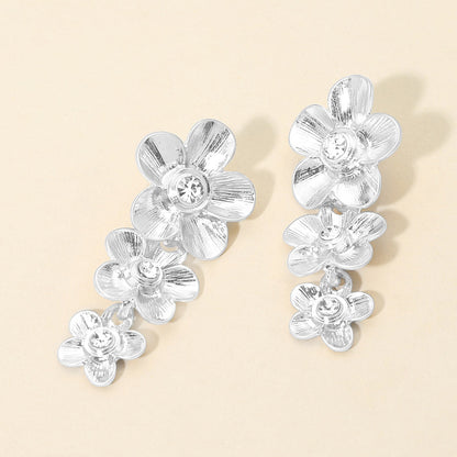 Stone Accent Triple Floral Link Drop Earrings
