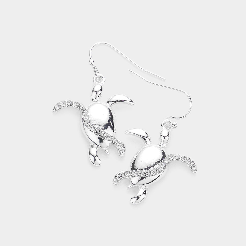 Rhinestone Embellished Metal Turtle Dangle Earrings