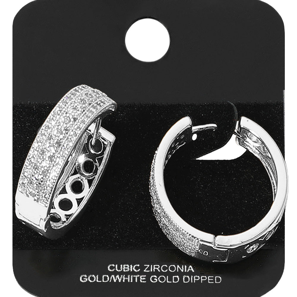 White Gold Dipped Triple Row CZ Stone Paved Hoop Earrings