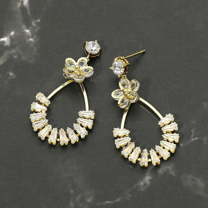 Gold Dipped CZ Flower Accent Baguette Stone Cluster Embellished Teardrop Drop Earrings