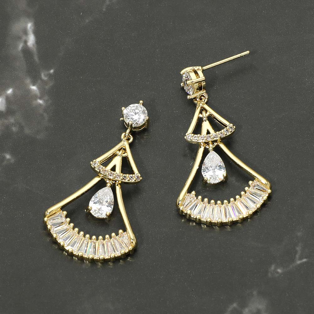 Gold Dipped Teardrop CZ Cluster Accent Fan Drop Earrings