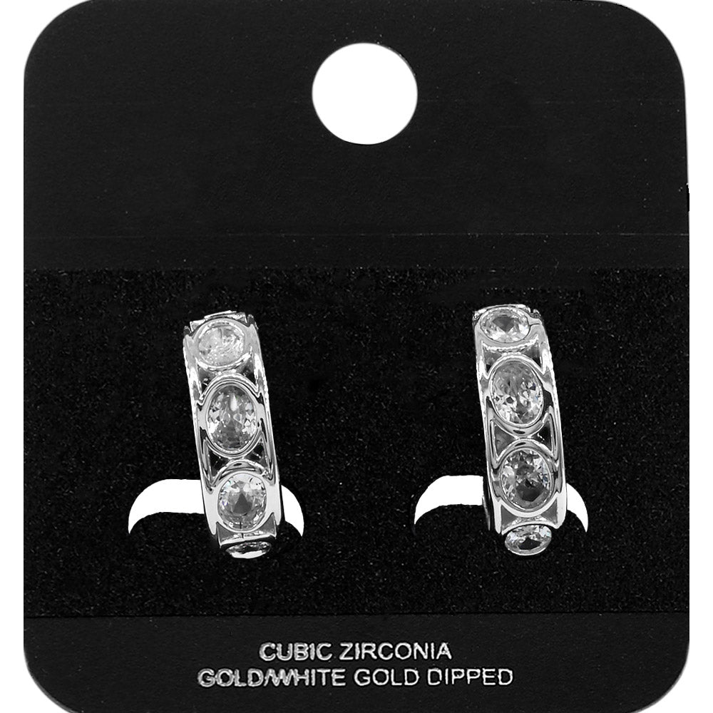 White Gold Dipped Oval CZ Bezel Around Mini Open Hoop Earrings