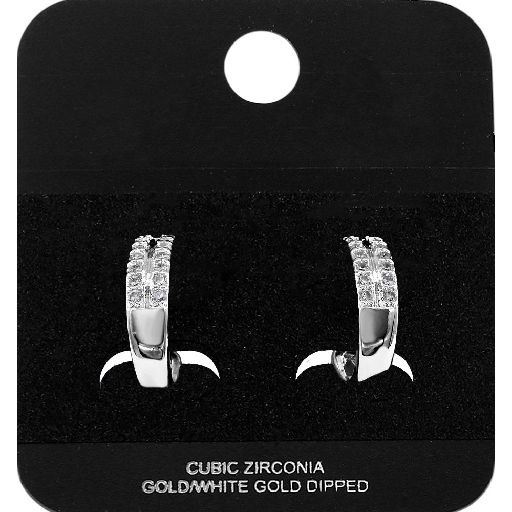 White Gold Dipped Double Round CZ Row Mini Open Hoop Earrings