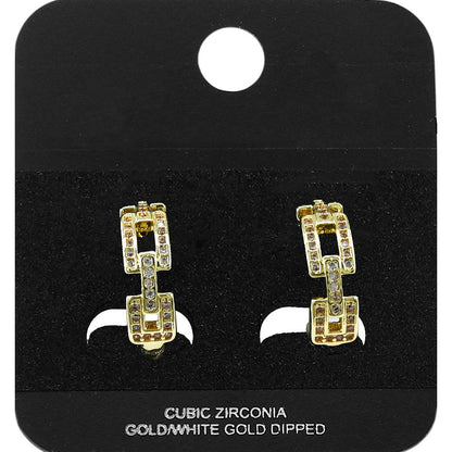 Gold Dipped CZ Pave Geometric Link Mini Open Hoop Earrings