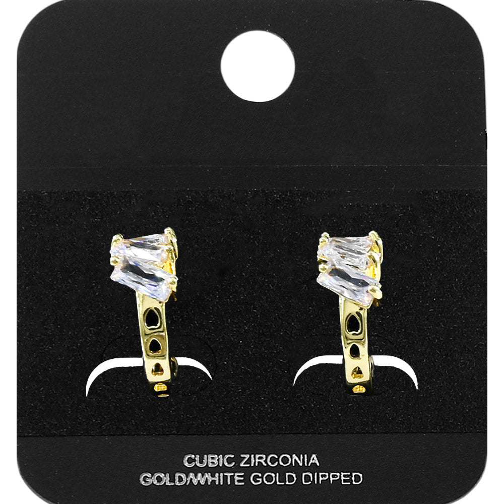 Gold Dipped Triple Baguette Cut CZ Cluster Accent Mini Open Hoop Earrings