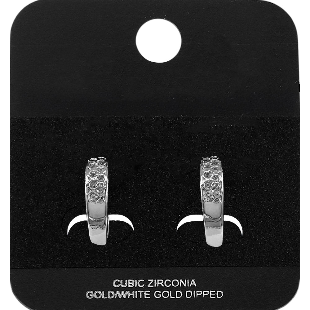 White Gold Dipped CZ Pave Lattice Mini Open Hoop Earrings