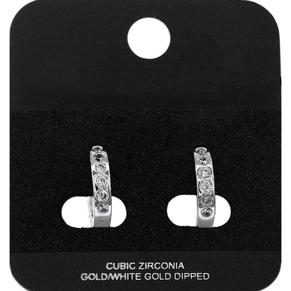 White Gold Dipped Round CZ Channer Mini Open Hoop Earrings