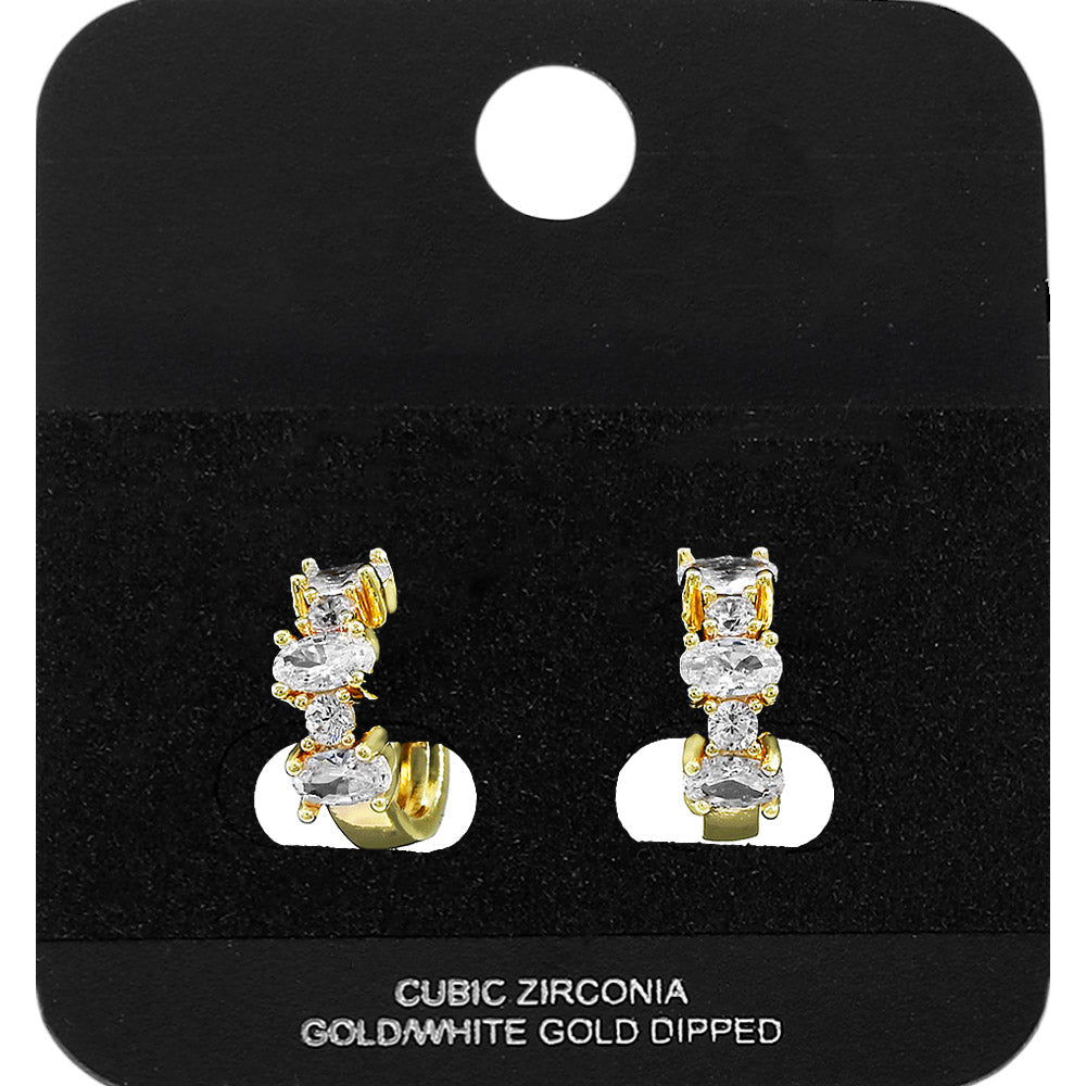 Gold Dipped Oval Round CZ Cluster Around Mini Open Hoop Earrings